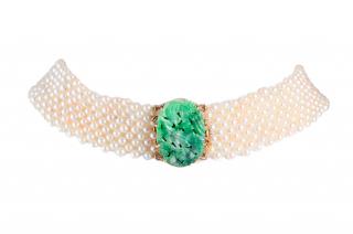 Appraisal: Woven Pearl and Jade Choker Woven pearl and jade choker