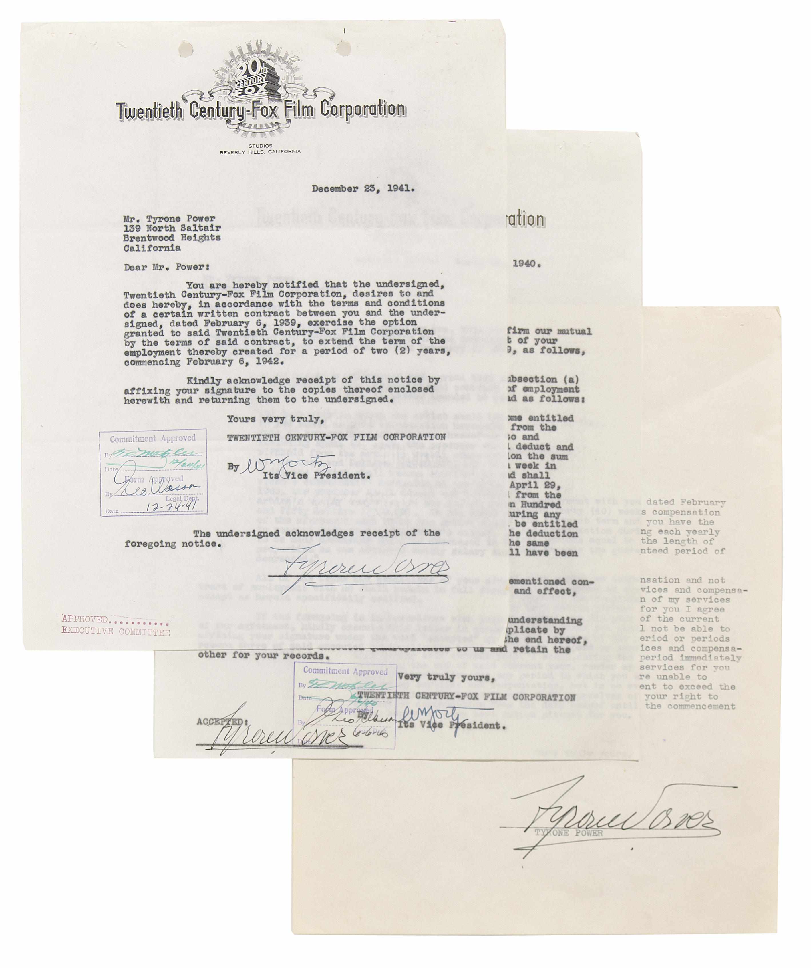 Appraisal: Tyrone Power signed documents and A group of typed documents