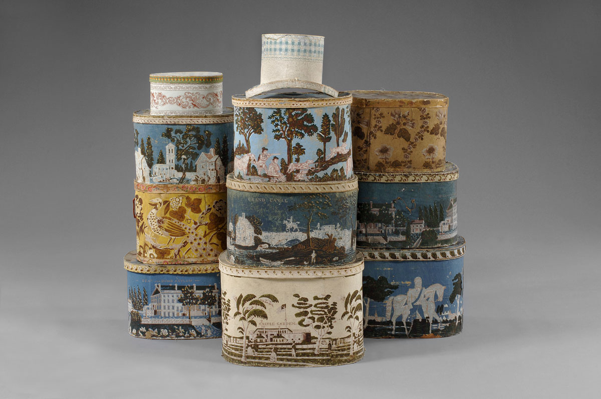 Appraisal: THREE AMERICAN WALLPAPER COVERED HAT BOXES Includes a yellow example