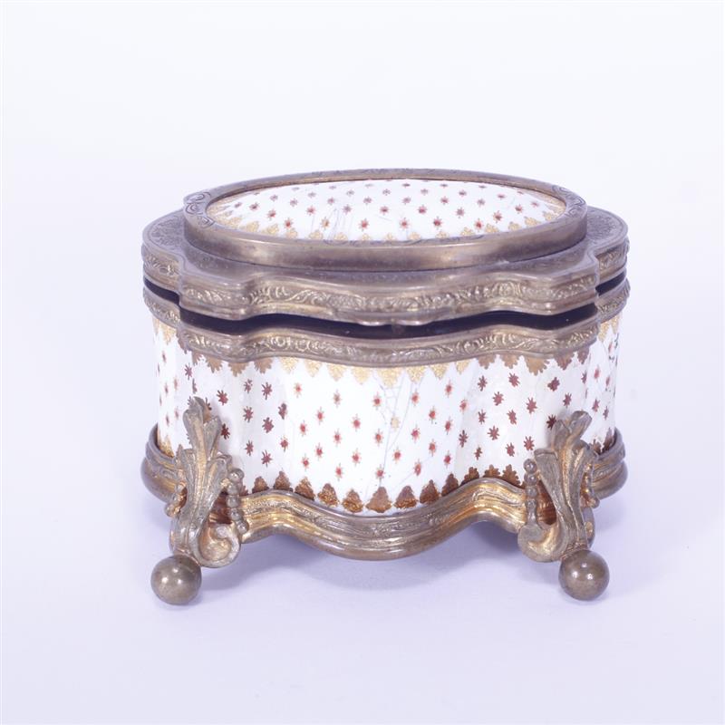 Appraisal: French porcelain enamel footed jewelry box H x W Visible