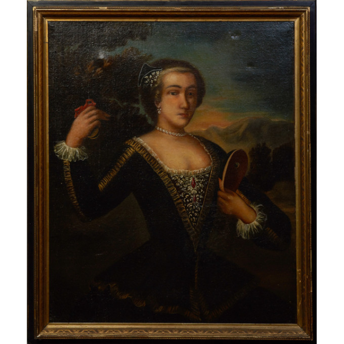 Appraisal: Spanish School Portrait of a Lady with Mask and Castanuelas