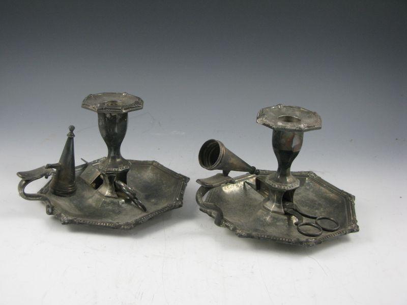 Appraisal: Pair of James Dixon Silverplate Chambersticks with snippers and snuffers