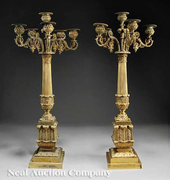 Appraisal: A Pair of Antique French Empire-Style Gilt Bronze Six-Light Candelabra