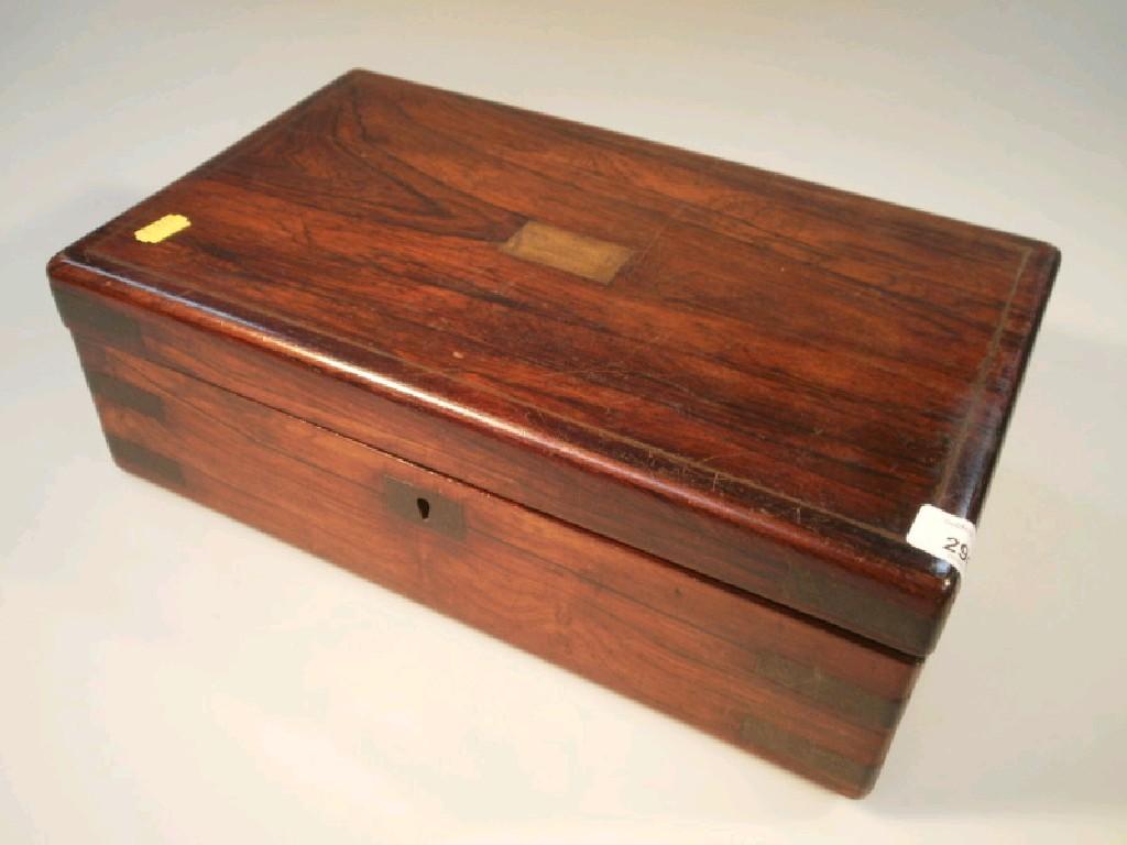 Appraisal: A Victorian rose wood duet writing box with brass banding