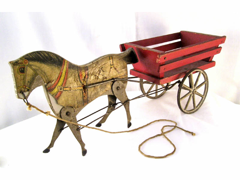 Appraisal: Early Pull Toy Horse with Cart Wooden horse with paper