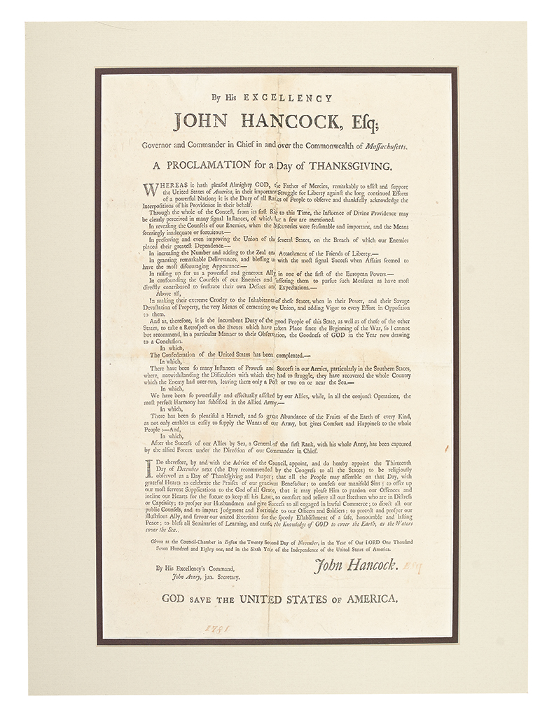 Appraisal: AMERICAN REVOLUTION-- Hancock John A Proclamation for a Day of