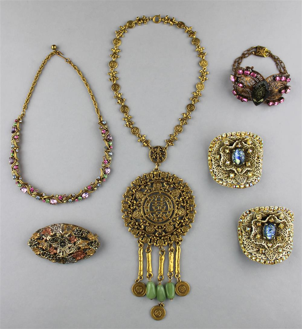 Appraisal: GOLDETTE MEDALLION NECKLACE AND FANCY SHOE CLIPS BY MUSI Goldette