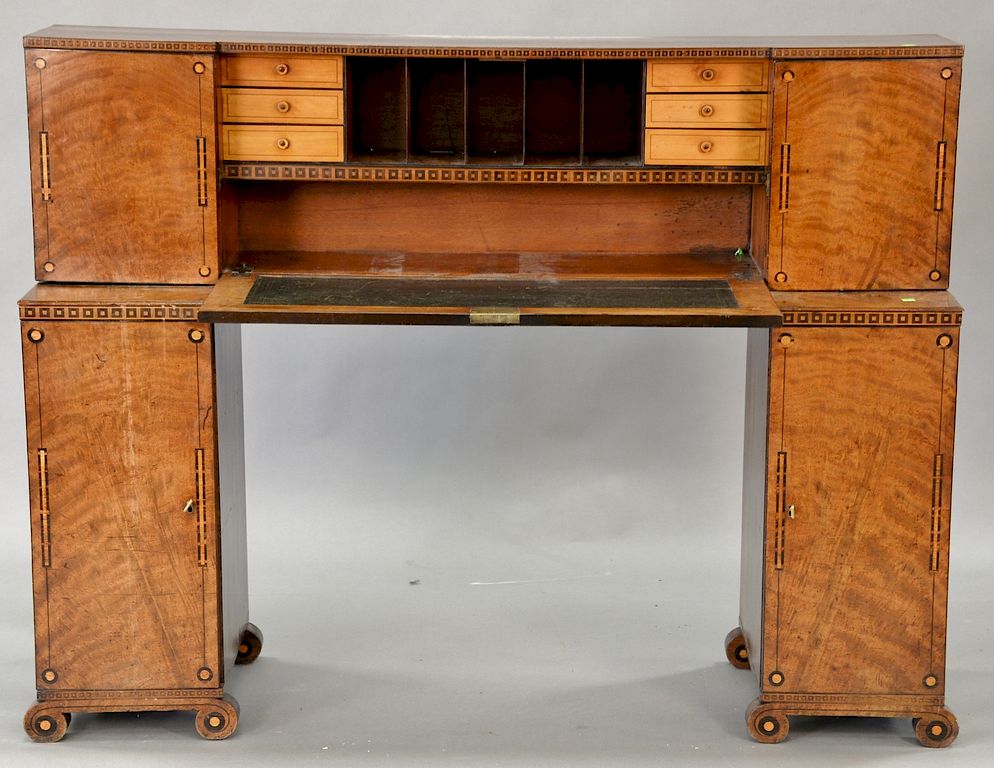 Appraisal: Continental inlaid desk with drop front top over side cabinets