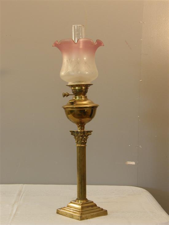 Appraisal: Victorian brass Corinthian column oil lamp with etched and frosted