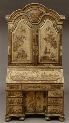 Appraisal: CONTINENTAL CHINOISERIE PALE GREEN-LACQUER BUREAU BOOKCASE The trefoil cornice above