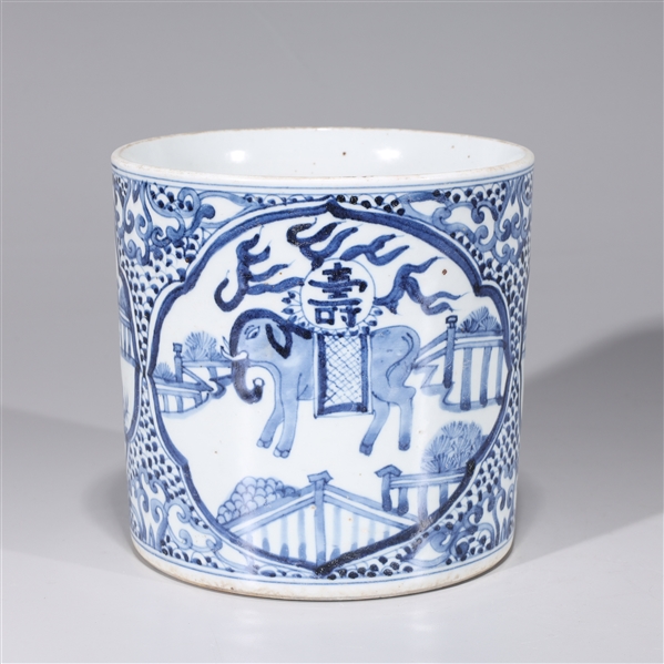 Appraisal: Chinese Kangxi-style blue and white porcelain brush pot with animal