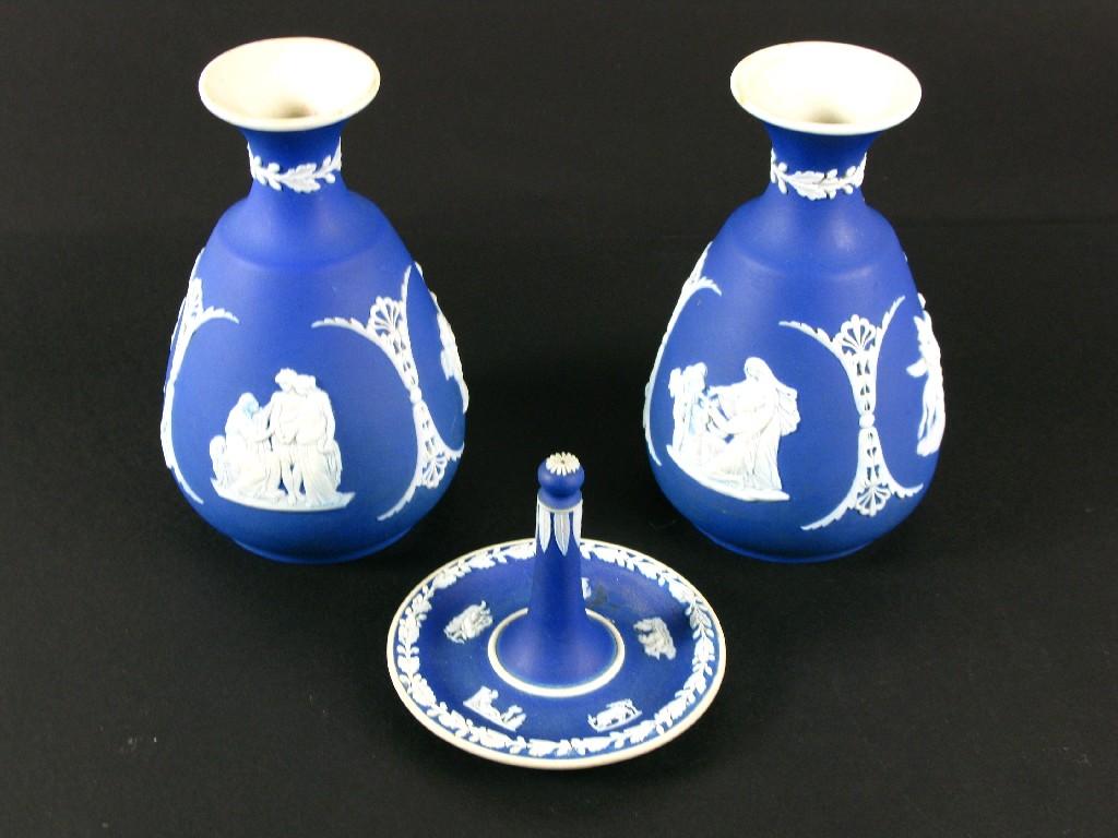 Appraisal: Pair of Wedgwood blue jasperware Vases with classical figures in