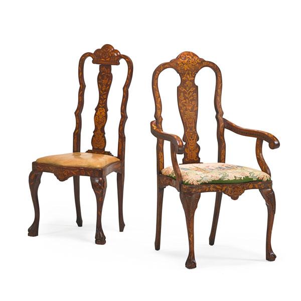 Appraisal: TWO DUTCH MARQUETRY ROCOCO CHAIRS Walnut one arm and one