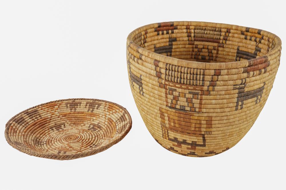 Appraisal: TWO NATIVE AMERICAN PICTORIAL COILED BASKETSthe first of shallow round