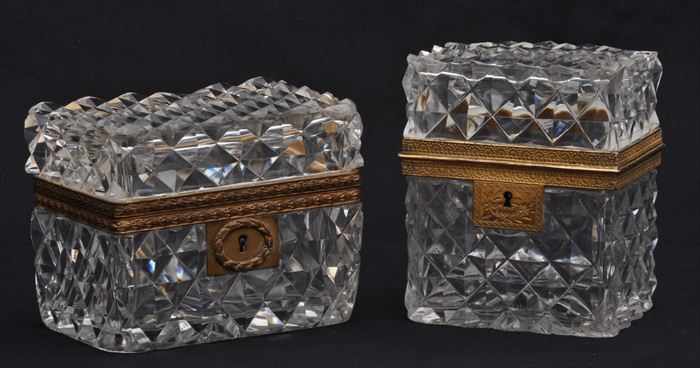 Appraisal: TWO FRENCH GILT-METAL MOUNTED CUT-GLASS BOXES Each with faceted diamond