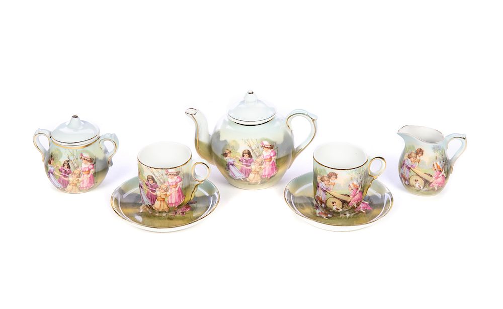 Appraisal: Victorian Child's Hand Painted Porcelain Tea Set Excellent condition with