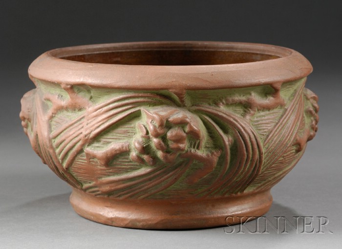 Appraisal: Peters Reed Pottery Bowl with pine cone and tree decoration