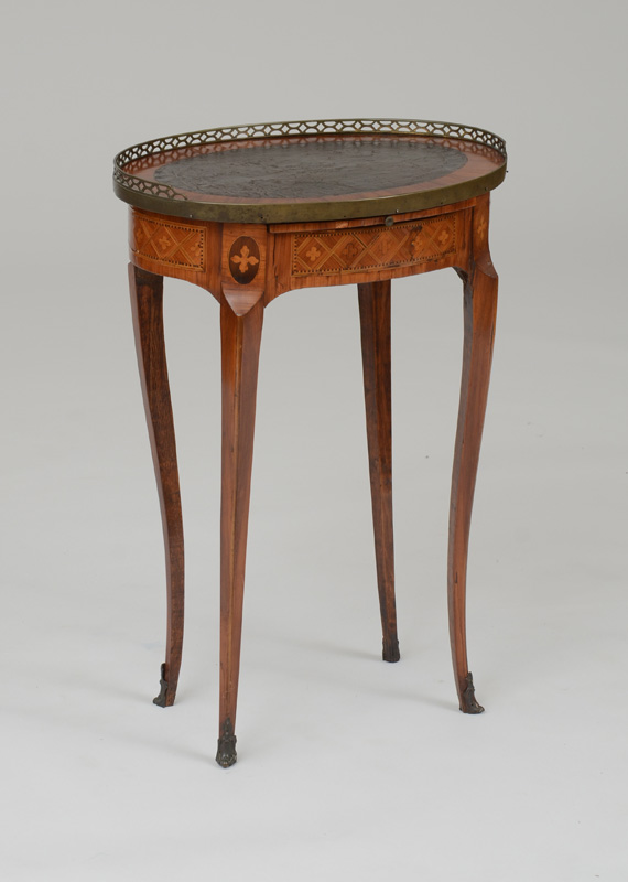 Appraisal: LOUIS XV XVI KINGWOOD AND TULIPWOOD PARQUETRY TABLE CRIRE The