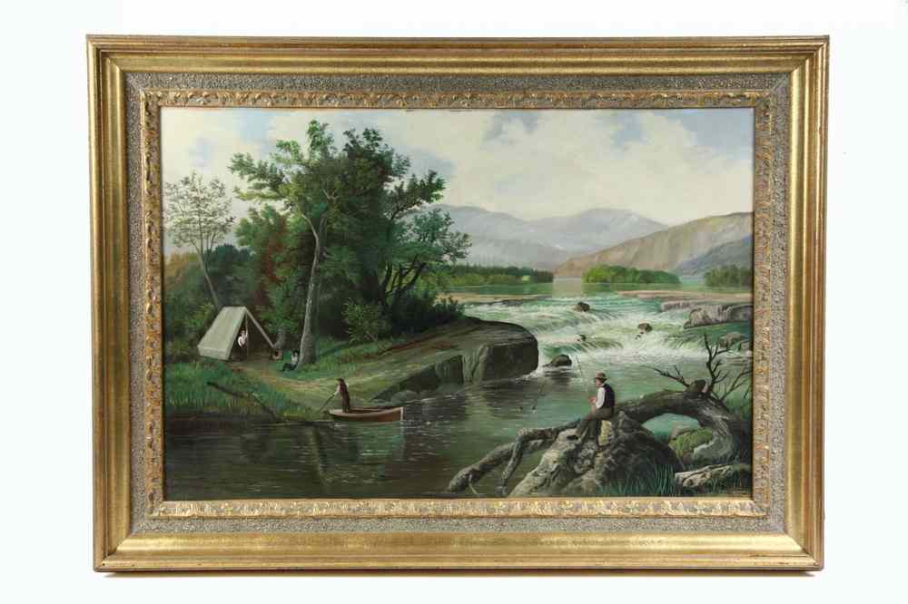 Appraisal: OOC - th c Fishing and Camping Scene with Figures