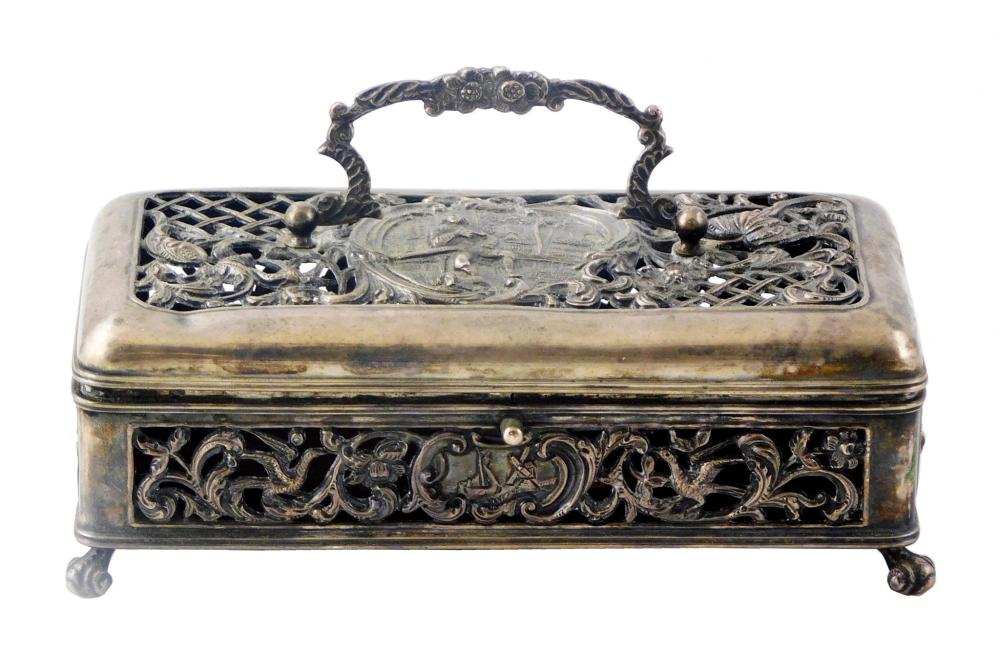 Appraisal: SILVER Reticulated oblong silver box Continental with elaborate raised decoration