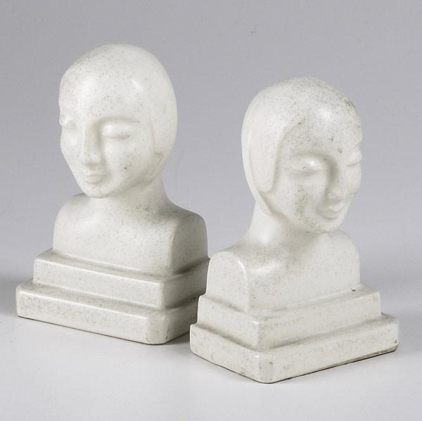 Appraisal: FRENCH ART DECO Bust shaped stoneware bookends x x