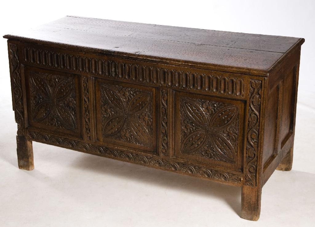 Appraisal: OAK THREE-PANEL COFFER LATE th CENTURY AND LATER the moulded