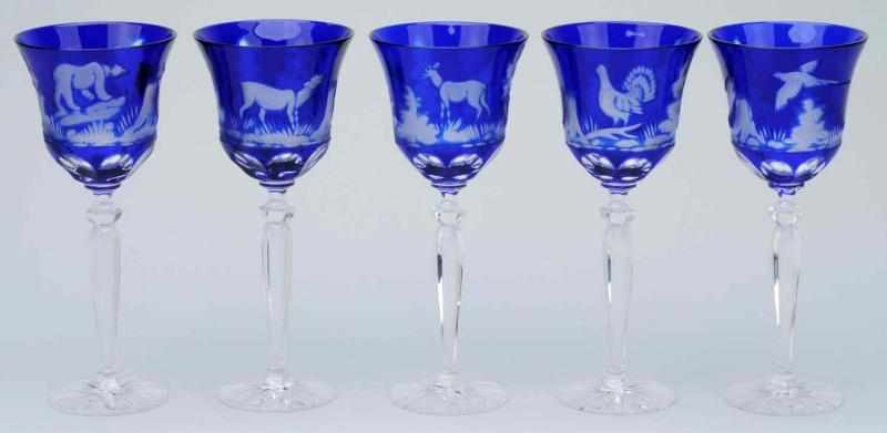 Appraisal: Set of Moser Glass Goblets Description Deeply cut with birds