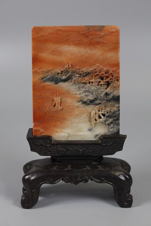 Appraisal: Chinese soapstone plaque possibly Republican period carved with a landscape