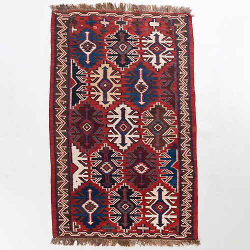 Appraisal: KUBA KILIM EAST CAUCASUSFitted with hanging implements on the reverse