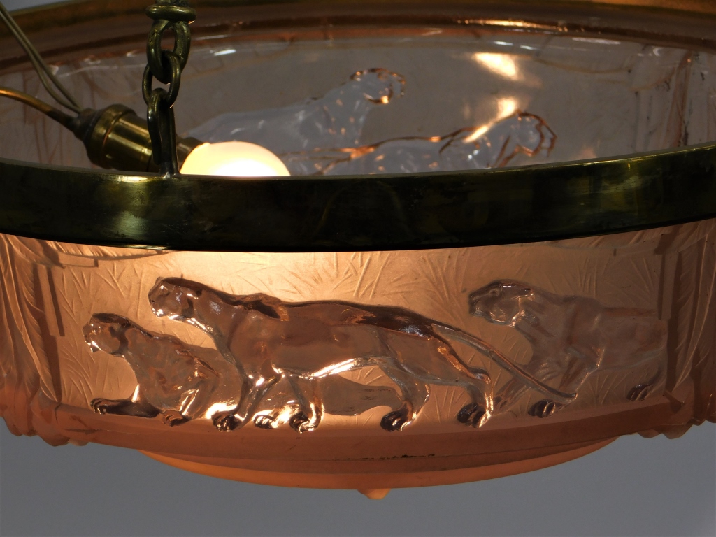 Appraisal: MULLER FRERES PINK ART DECO PANTHER CHANDELIER France Circa Decorative