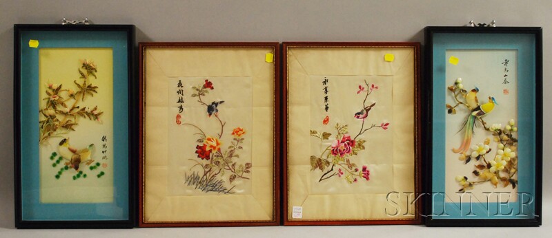 Appraisal: Two Modern Chinese Framed Silk Embroidered Panels and a Pair