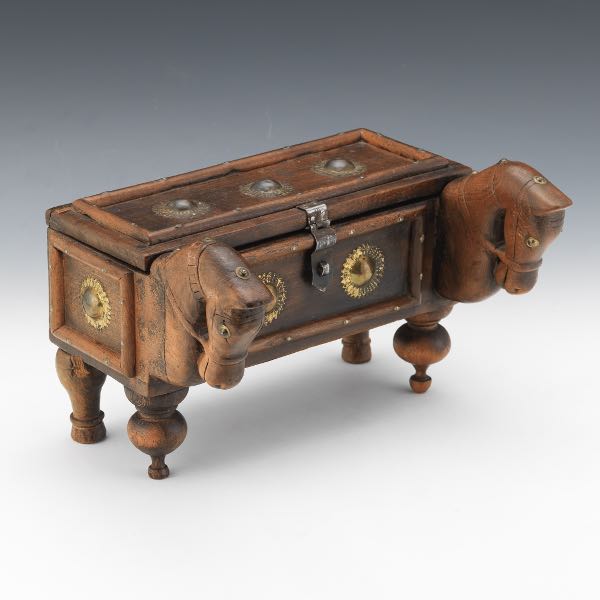 Appraisal: RUSTIC CARVED WOOD AND MIXED METALS EQUESTRIAN VANITY BOX x