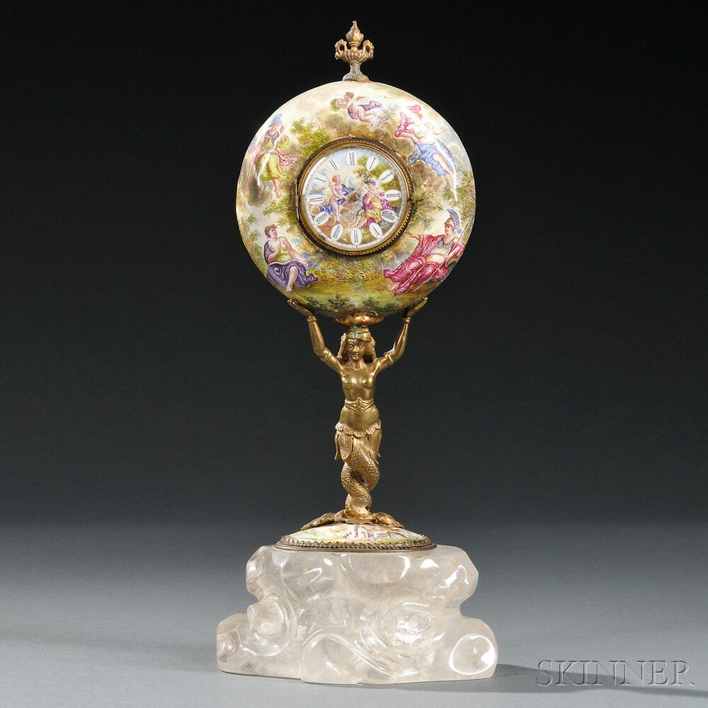 Appraisal: Viennese Silver Enamel and Rock Crystal Figural Clock Austria late