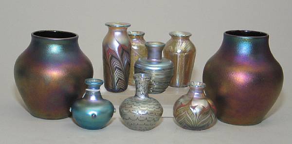 Appraisal: An assembled group of nine pieces of California iridescent art