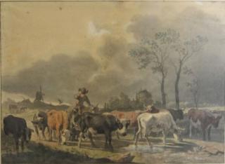 Appraisal: th C Dutch Watercolor on Paper of Cows i Landscape