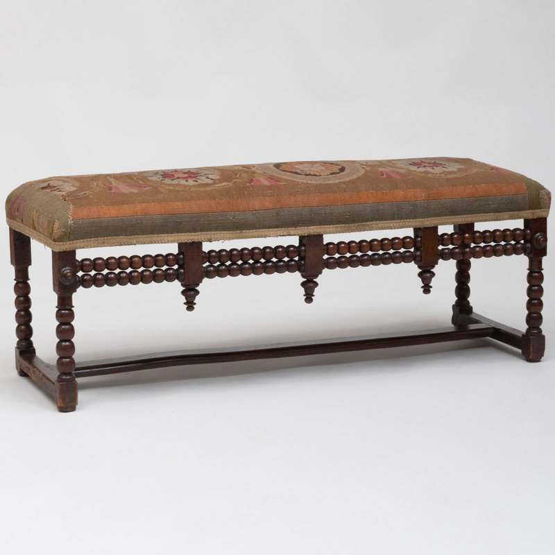 Appraisal: CONTINENTAL TURNED MAHOGANY BENCH WITH NEEDLEWORK UPHOLSTERY x ft x