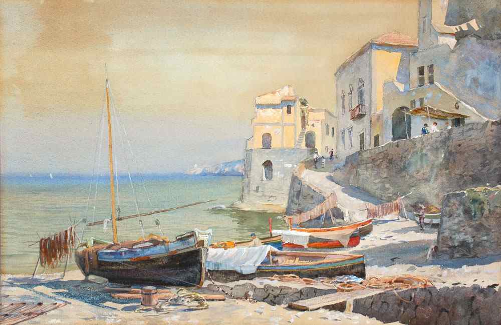 Appraisal: GOOD UNSIGNED ITALIAN COASTAL PAINTING Watercolor '' x '' framed