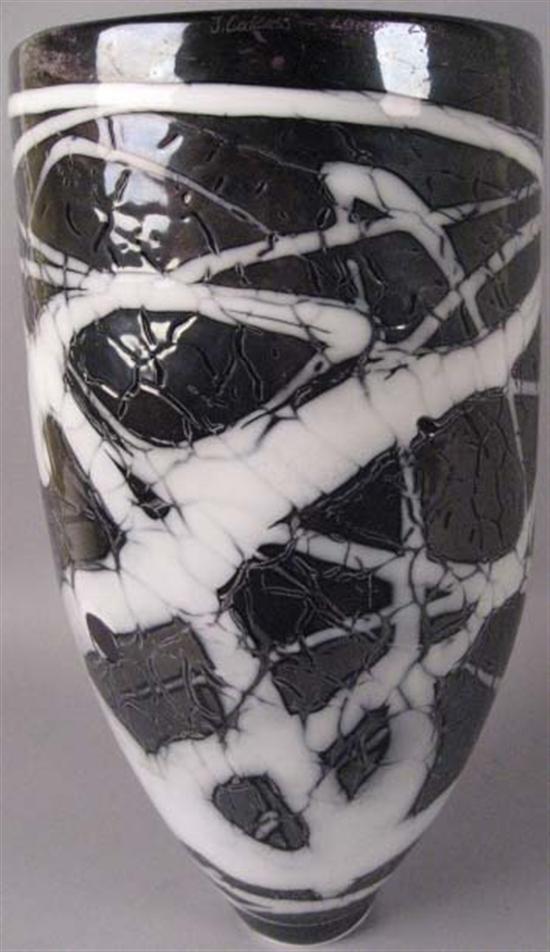 Appraisal: J Calcass Blown Glass Vase White rope-like swirls over black