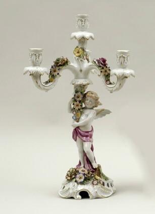 Appraisal: German Gilt and Polychrome Decorated Porcelain Three-Light Figural Candelabrum in