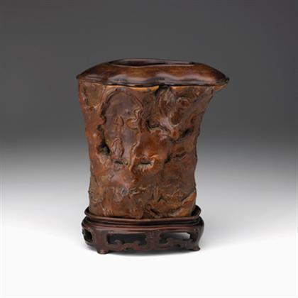 Appraisal: Fine Chinese huamu burl brush pot and nanmu stand and