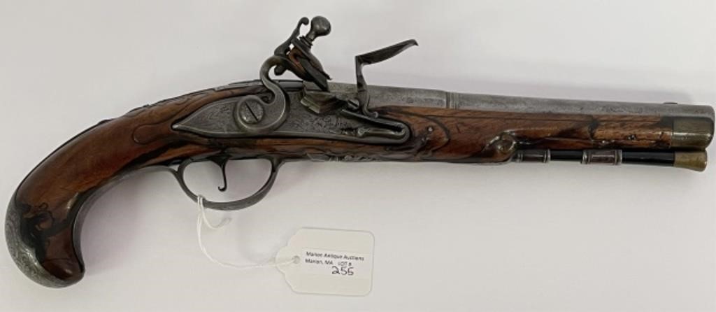 Appraisal: LATE TH CENTURY FINE CONTINENTAL FLINTLOCKpistol featuring engraved hunting scenes