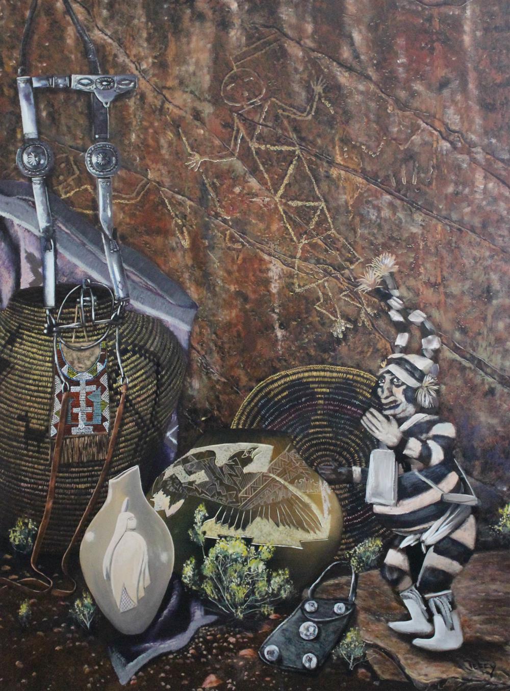 Appraisal: JEFFY OTH ST CENTURY NATIVE AMERICAN STILL LIFE AGAINST PETROGYLPH