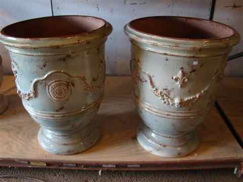 Appraisal: PAIR OF LARGE FRENCH ANDUZE AQUA GLAZED ANDUZE TERRA COTTA