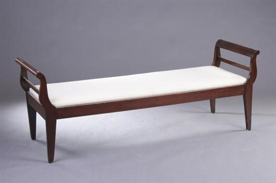 Appraisal: AMERICAN EMPIRE STYLE MAHOGANY UPHOLSTERED LONG BENCH th century Outscrolled