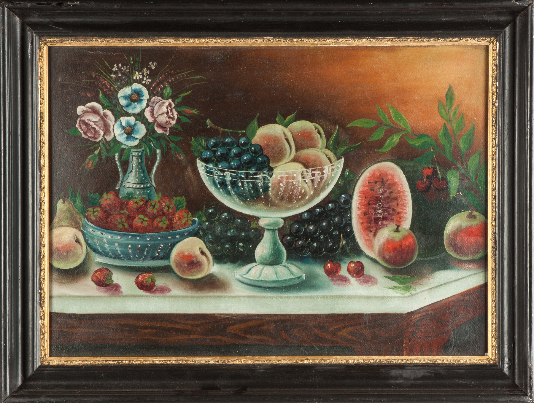 Appraisal: Still life with fruit flowers th cent Oil on paperboard