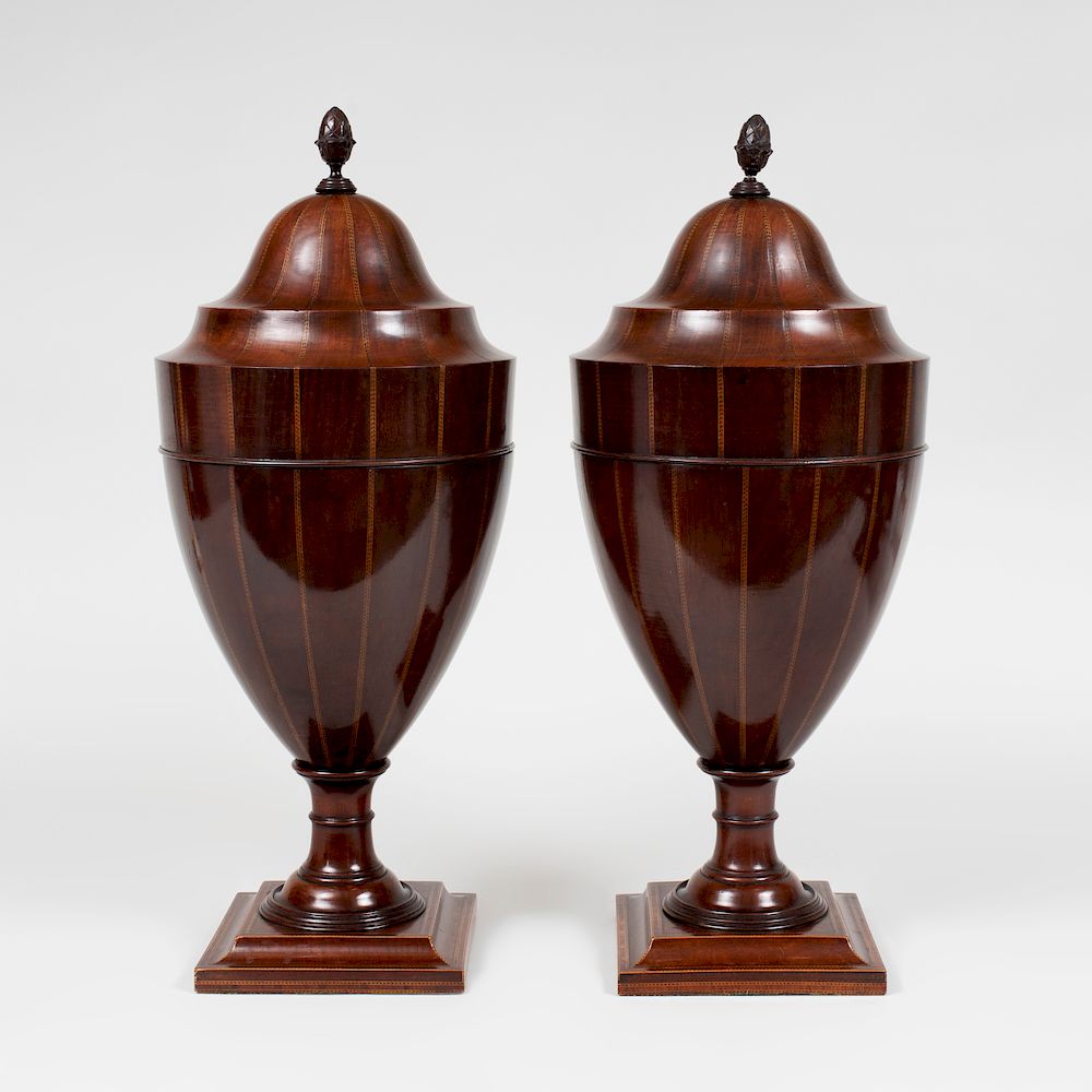 Appraisal: Pair of Edwardian Inlaid Mahogany Cutlery Urns x in diam