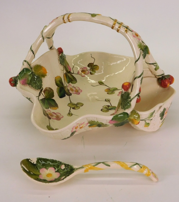 Appraisal: GEORGE JONES MAJOLICA STRAWBERRY SERVING BOWL SET England Circa Frilled