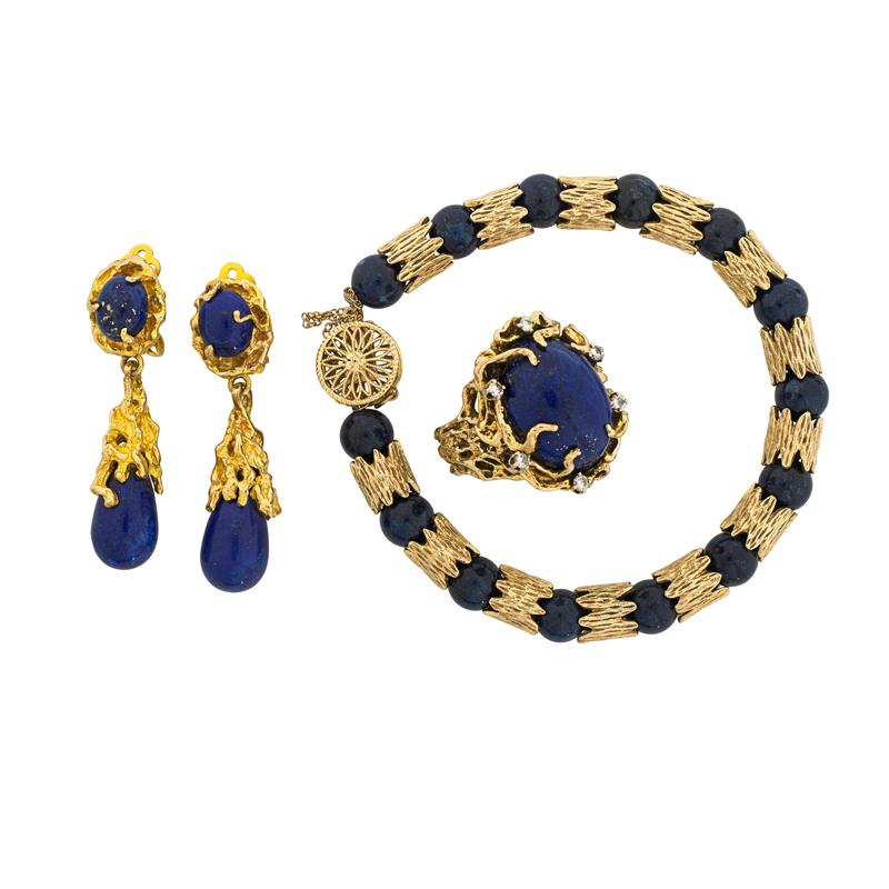 Appraisal: ASSEMBLED MID CENTURY LAPIS K GOLD SUITE Four textured pieces