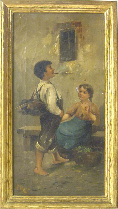 Appraisal: Oil on canvas street scene ca with a boy and