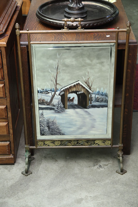 Appraisal: FIRE PLACE SCREEN Brass frame with handpainted covered bridge scene